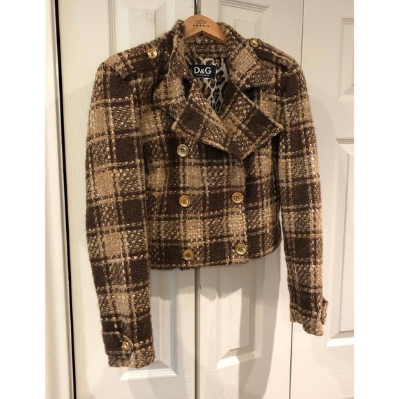 RARE Vtg Dolce & Gabbana Cropped Brown Plaid Double Breasted Chunky Tweed Jacket - Picture 9 of 12